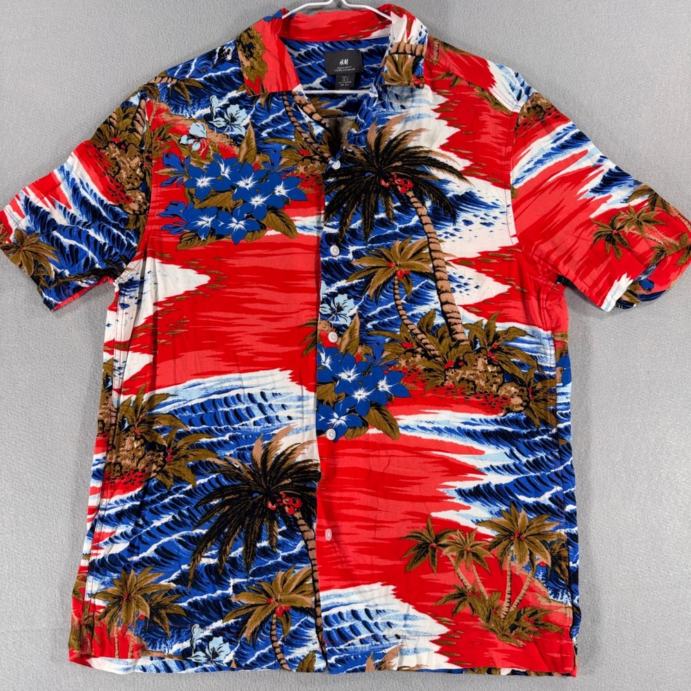 HM Mens Small Red Tropical Palm Tree Hibiscus Viscose Button Down Shirt